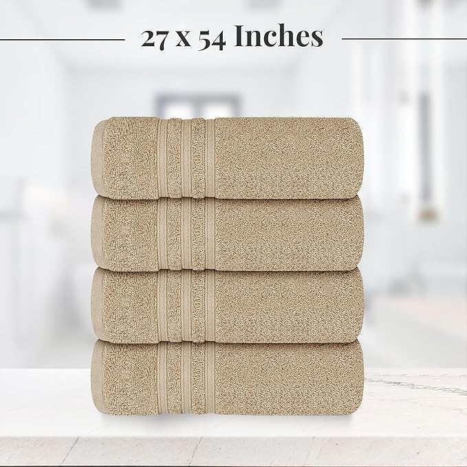 Tens Towels Pack of 4 soft bath towels, 100 cotton, 27 x 54 inches, lightweight and quick-drying, ideal for daily use in the bathroom, practical and comfortable, beige color