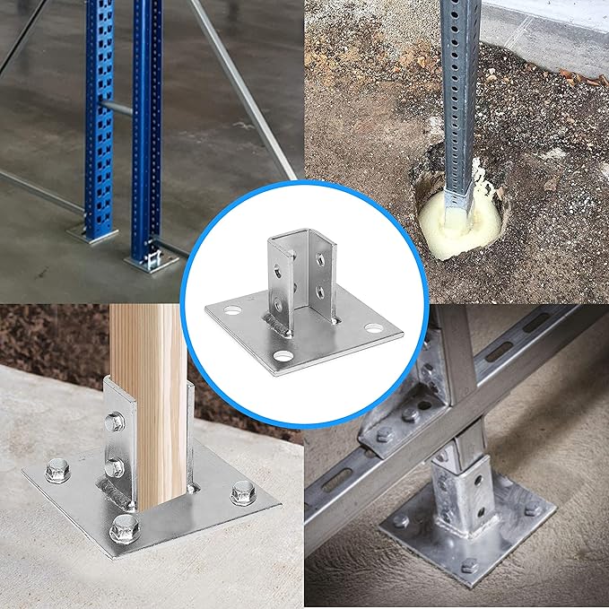 OHLECTRIC Strut Post Base Single Channel 1-58 Side Orientation 6x6 Inch 4 Mounting Holes Heavy Duty Galvanized Zinc Plated Square for Single Channel Fence Post Base