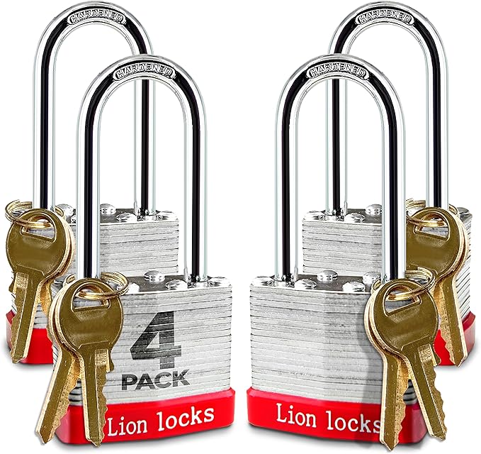 4 Keyed-Alike Padlocks w 2 Long Shackle, 8 Keys, Hardened Steel Pad Lock, Pick Resistant Brass Pin Cylinder (Pack of 4)