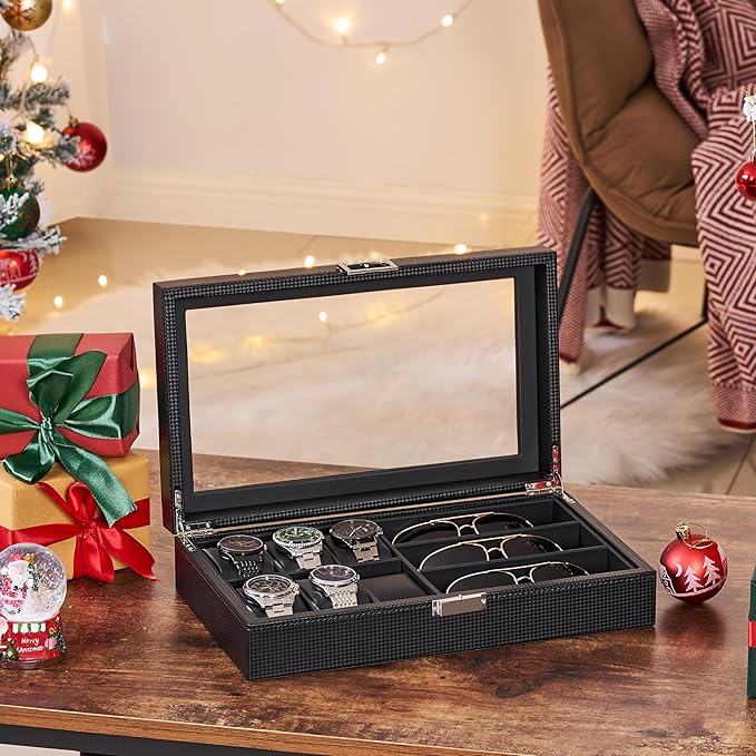 BEWISHOME Watch Box Sunglass Organizer with Real Glass Top, 6 Watch Case and 3 Slots Sunglasses Box for Men, Carbon Fiber Design, Black SSH18C