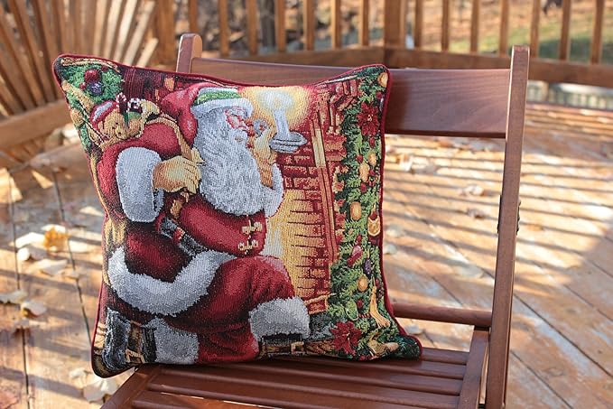 Tache Christmas Festive Winter Holiday Santa Down The Chimney Decorative Woven Tapestry Cushion Throw Pillow Cover Set, 2 Piece 16 x 16 Inches
