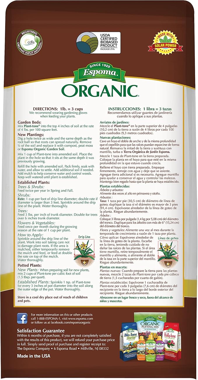 Espoma Organic Plant-Tone 5-3-3 Natural Organic All Purpose Plant Food; 4 lb. Bag; The Original Organic Fertilizer for All Flowers, Vegetables, Trees, and Shrubs.