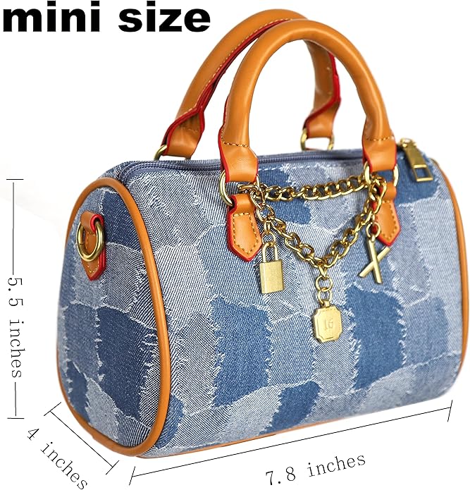 Mini Small Denim Purse Jean Boston Barrel Bags Quilted Checkered Top Handle Canvas Tote Crossbody bags Satchel Handbag for Women,Blue