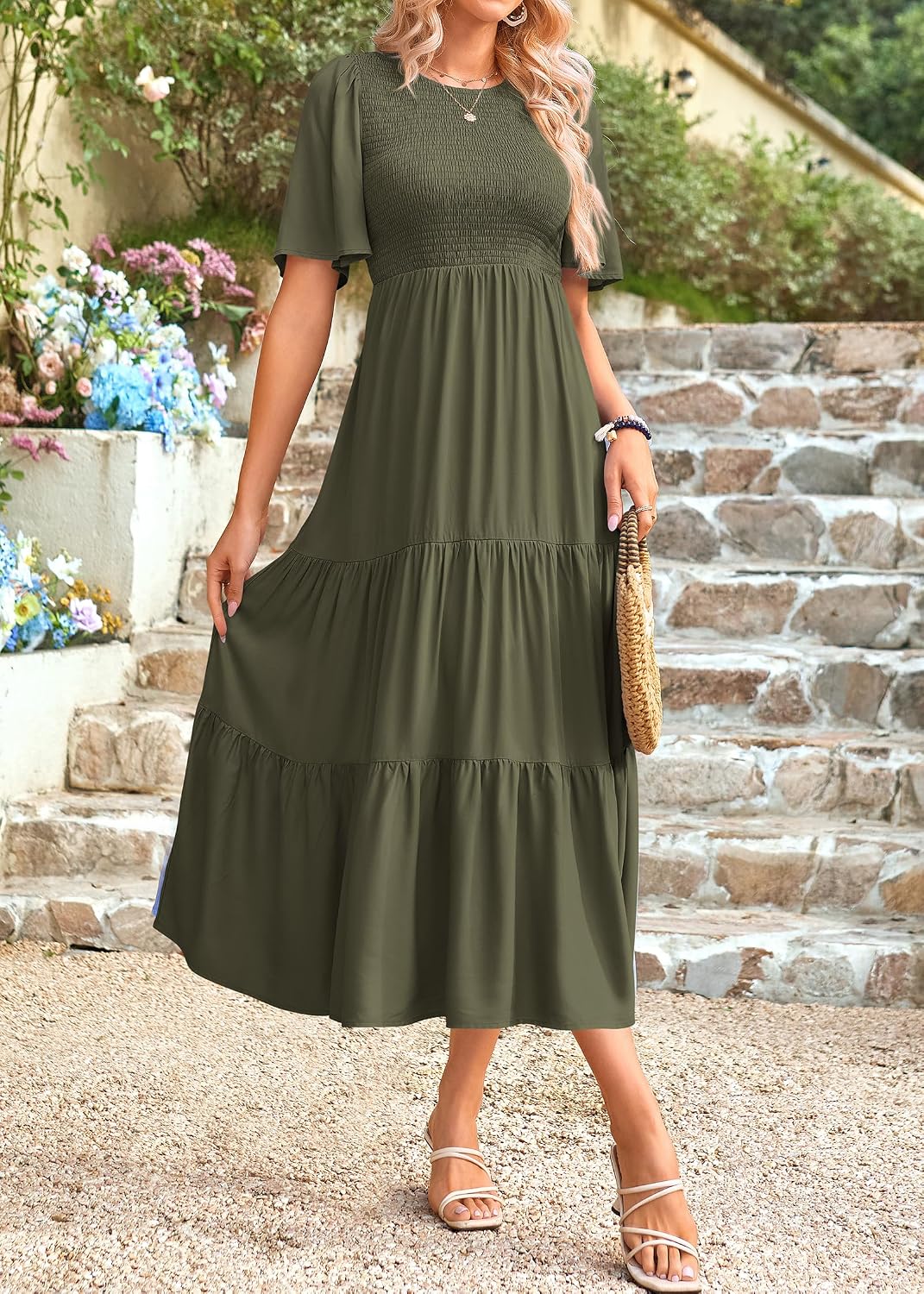 KIRUNDO Summer Dresses for Women 2026 Spring Casual Flutter Short Sleeve Wedding Guest Smocked Flowy Tiered Aline Midi Dress
