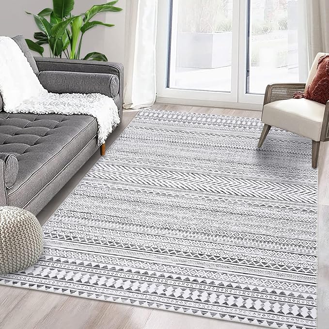 5x7 Machine Washable Area Rug Boho Geometric Area Rug Farmhouse Non-Slip Stain Resistant Modern Rug for Living Room Home Office, 5' x 7'
