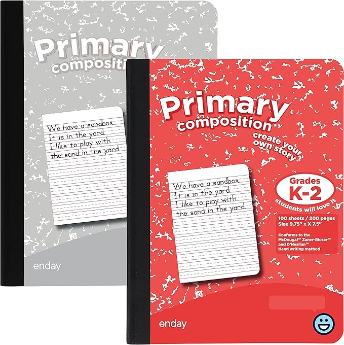 Enday Primary Composition Notebook K-2, Primary Ruled Composition Book, Primary Composition Notebook for Kids, 100 Sheets kindergarten Notebook, Red and Grey (2 Pack)