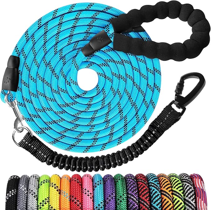 Long Dog Leash 15 FT: Heavy Duty Rope Leashes for Dogs Training with Swivel Lockable Hook Reflective Threads Bungee and Padded Handle - Dog Lead for Large Small Medium Dogs Outside Walking Hiking Blue