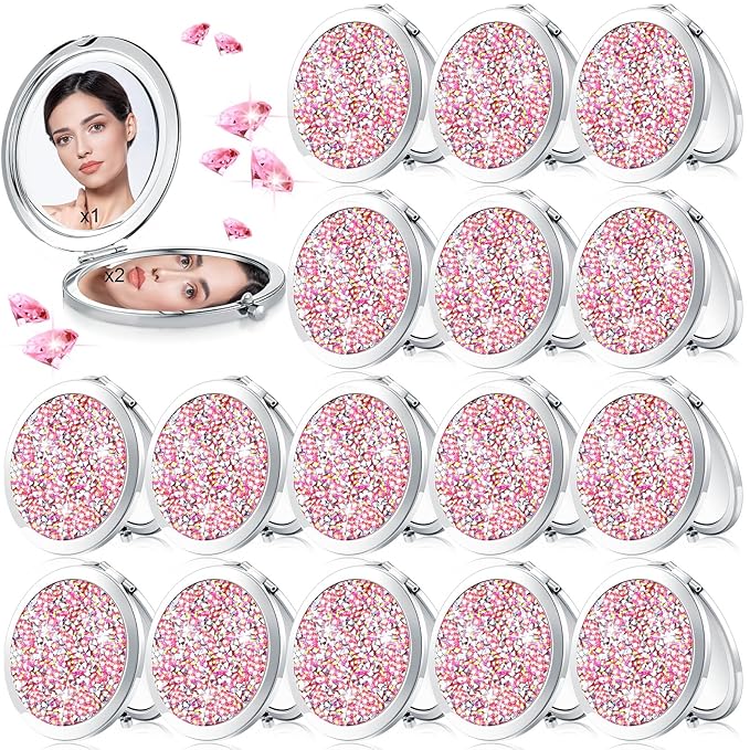 Maitys Compact Mirror Bulk for Purses Small Cosmetic Folding 2.75 Inch Round Diamond Bling 1X 2X Magnifying Pocket Makeup Mirror for Women Wedding Gift, Pink Silver