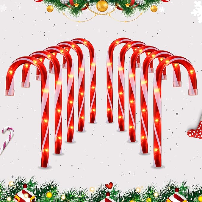 10" Christmas Candy Cane Lights (10PCS) for Landscape Decoration,Red White Pathway Makers Lights (Include Stakes)