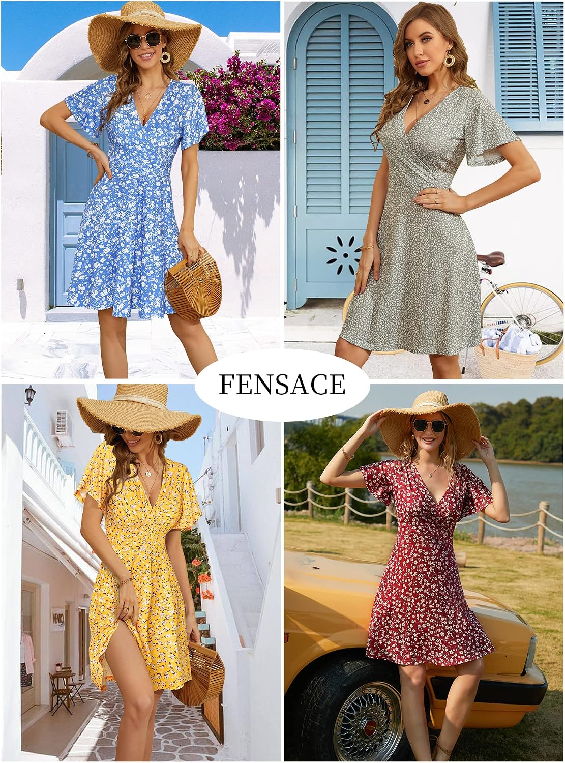 Womens Sundress Summer Floral Short Sleeve Wrap V Neck A-Line Midi Dress