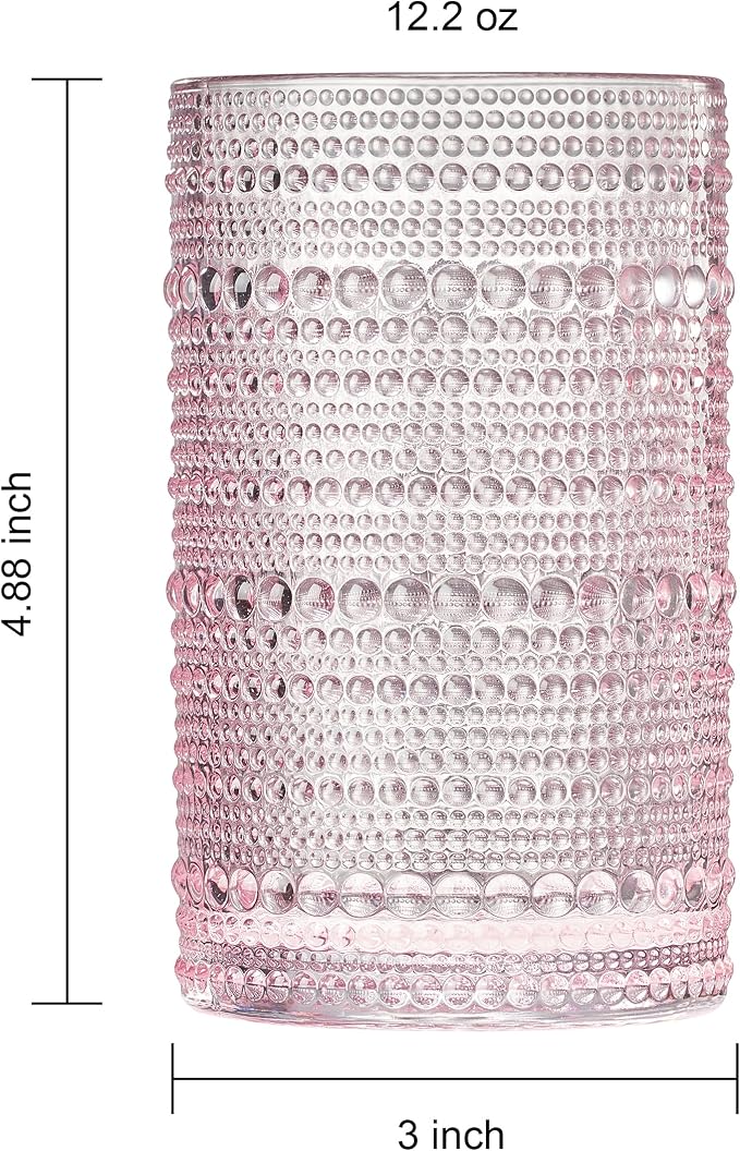 Khen Hobnail Beaded Highball Drinking Tumbler Glasses | Set of 6 | Pastel Pink, Vintage Bubble Whiskey Glassware, Embossed Cocktail, Water, Rocks Glass