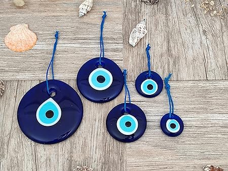 Blue Evil Eye Hanging Ornament Set of 5 - Turkish Glass Nazar Home Protection Charm - Wall Decor for Housewarming, Blessing, Wedding Engagement