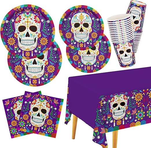 Day of the Dead Party Supplies Kit Serve 25, Includes Disposable Sugar Skull Dinner Plates, Dessert Plates, Napkins, Cups and Tablecloth, DÃa de los Muertos Party Decorations