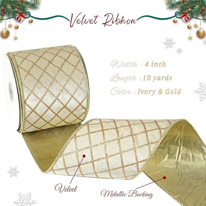 MAYREEL 4 Inch Ivory and Gold Velvet Wired Ribbon Metallic Diamond Glitter Grid for Christmas Gift Wrapping Floral Craft Bows Wreaths Garland Wedding Holiday Decor 10 Yards