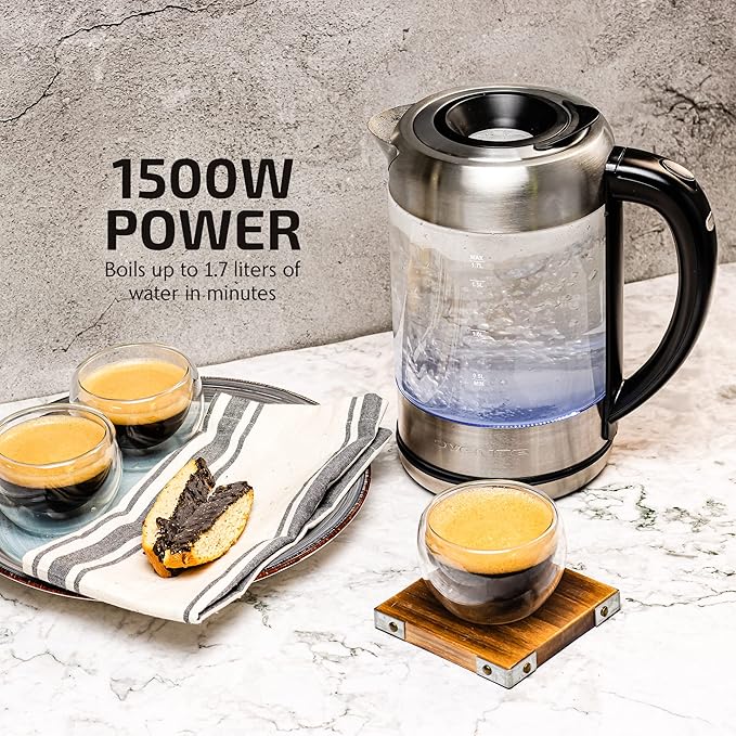 OVENTE Electric Kettle with 1.7L Borosilicate Glass, 1500W Instant Water Boiler and Heater for Coffee or Tea, BPA Free, Easy to Fill Lid, Auto Shut-Off and Boil Dry Protection, Silver KG6120S
