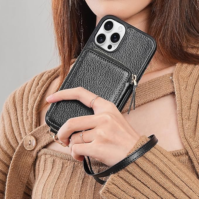 ZVE for iPhone 13 Pro Max Wallet Case, Card Holder Crossbody Phone Case for Women, Zipper Leather Purse with Wrist Strap, RFID Blocking Cover for iPhone 13 Pro Max (6.7 inch, 2021)- Black