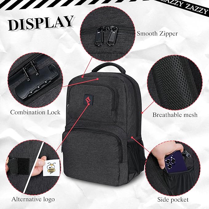 zazzy Smell Proof Backpack with Lock Smell Proof Bags with Combination Lock Travel Backpack for Men Women Black