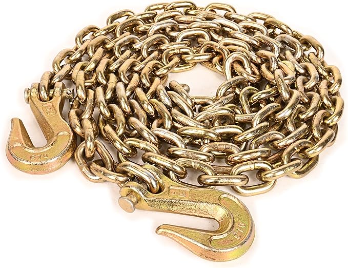 AAIN G80 Heavy Duty Transport Chain 516 Inch x 10 Foot, Load Binder Tow Lock Chains with G70 Clevis Grab Hooks, 4,900 lbs Safe Working Load for Loading Tie Down Fixed Cargo Flatbed Truck Trailer