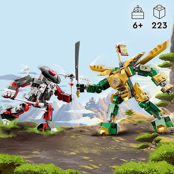 Lego NINJAGO Lloyds Mech Battle EVO Building Set 71781, with 2 Action Figures, 2 Posable Ninja Action Figures to Build, Ninja Toy for Kids Ages 6 with Bone Warrior and Golden Lloyd Minifigures
