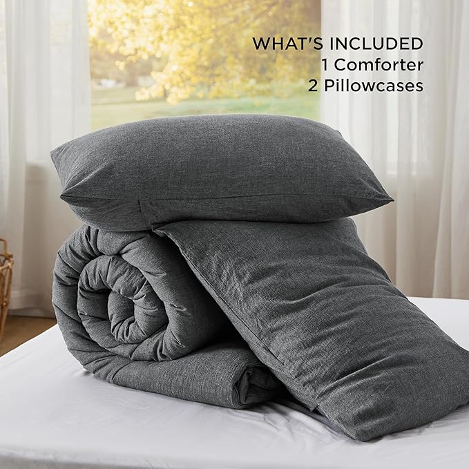 Bedsure Comforter Set Queen Size Dark Grey - Cotton Fabric with Microfiber Inner Fill, Queen Comforter Set for All Seasons, 3 Pieces, 1 Comforter (90"x90") and 2 Pillow Cases (20"x26")