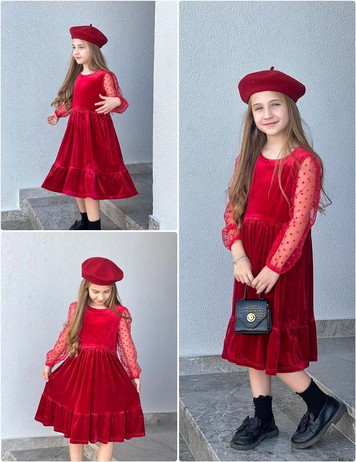 Arshiner Girls Dresses Contrast Mesh Velvet Long Sleeve A-Line Vintage Party Dress with Pockets