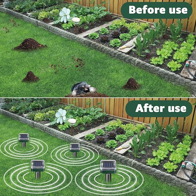 Mole Repellent Solar Powered-Waterproof Vole Chipmunk Repellent Outdoor Ultrasonic Mole Repeller Vole Vibration Stakes for Yard Mole Deterrent Spike for Chipmunk Groundhog Snake Rodent(4pack)