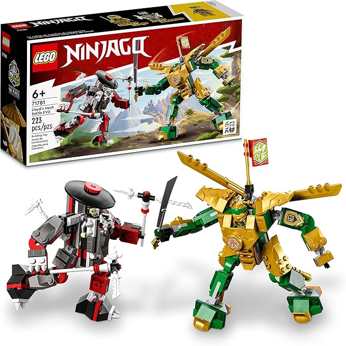 Lego NINJAGO Lloyds Mech Battle EVO Building Set 71781, with 2 Action Figures, 2 Posable Ninja Action Figures to Build, Ninja Toy for Kids Ages 6 with Bone Warrior and Golden Lloyd Minifigures