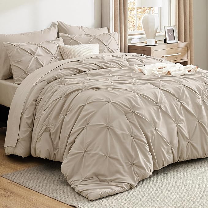 Bedsure Queen Comforter Set Beige - Bed in a Bag Queen Size 7 Pieces, GentleSoftTM Pintuck Bed Set Gift for Family, Pinch Pleat Beige Comforter with Sheets, Pillowcases Shams