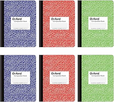 Oxford Composition Notebook 6 Pack, College Ruled Paper, 9-34 x 7-12 Inches, 100 Sheets, Assorted Marble Covers. 2 Each: Blue, Green, Red (63763)