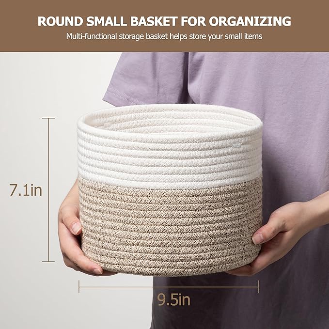 UBBCARE 2 Pack Small Basket for Organizing, Round Woven Basket With Handles, Small Storage Basket for decor, Beige Brown Cotton Rope Basket (9.5" x 9.5" x 7.1")