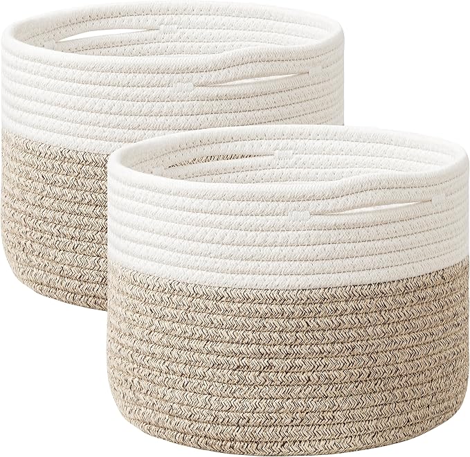 UBBCARE 2 Pack Small Basket for Organizing, Round Woven Basket With Handles, Small Storage Basket for decor, Beige Brown Cotton Rope Basket (9.5" x 9.5" x 7.1")