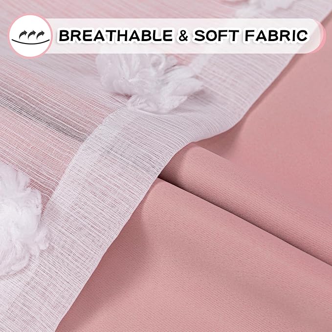 Mysky Home Double layer curtains, living room, nursery, bedroom, translucent, white pompoms, dining room, window panels, room darkening, 52 x 84 inches, pink