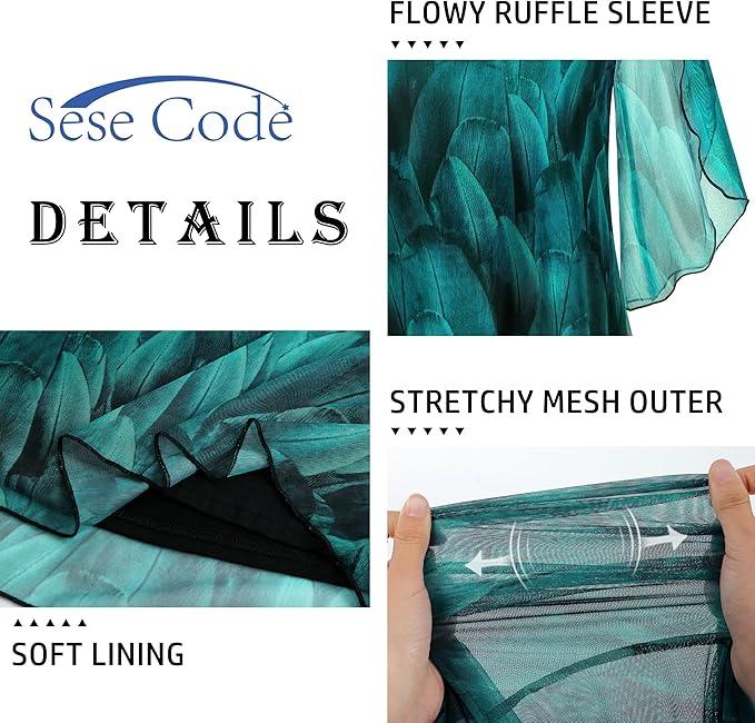 SeSe Code Womens Ruffle 3/4 Sleeve Mesh Blouses Loose Flowy Tops Stretchy Shirts