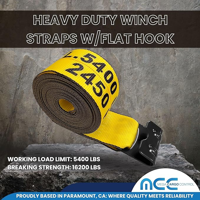 4" x 30' Heavy Duty Winch Straps wFlat Hook - Pack of 1, Yellow Tie Downs for Flat Bed, Truck, Farm, Utility Trailers (5400 LBS WLL)