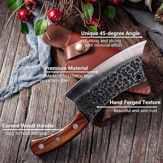 Freelander Hand Forged Knives, Meat Cleaver Knife for Meat Cutting, High Carbon Viking Knife with Sheath, Full Tang Chef Kitchen Butcher Knife for Home,Outdoor, Camping, BBQ
