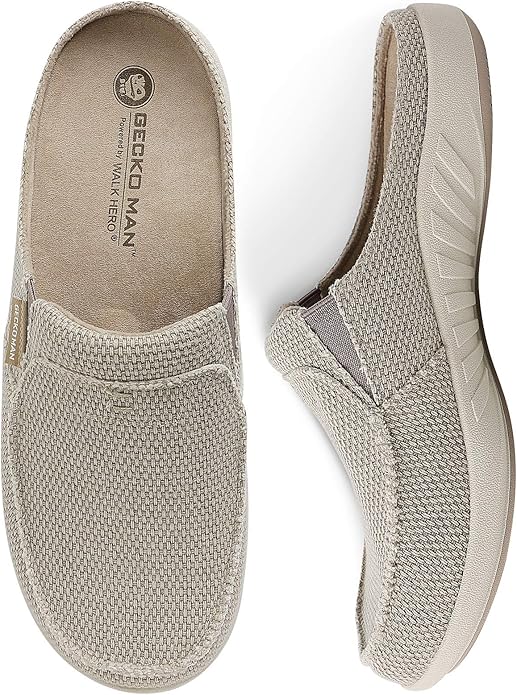 Mens Slippers with Arch Support, Canvas House Slipper for Men with Velvet Lining, Slip On Clog, Indoor Outdoor House Shoes with Anti-Skid Rubber Sole