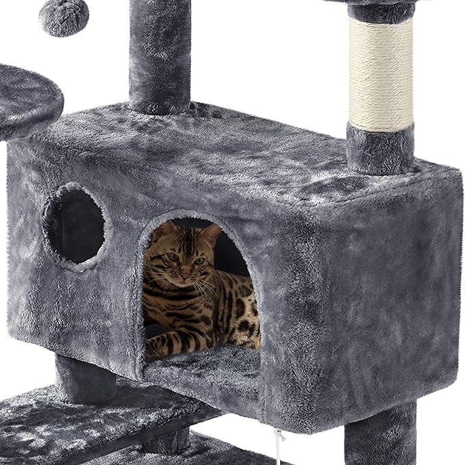 Yaheetech Cat tree tower, large plush multi-level condominium furniture with sisal scratching posts and 2 hanging balls gray color