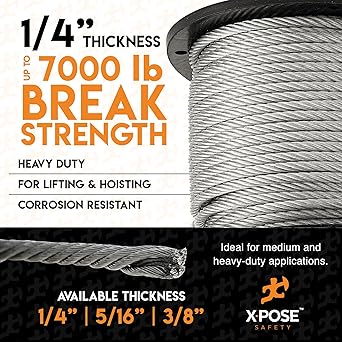 Xpose Safety 7 x 19 Galvanized Steel Aircraft Cable Wire - 14 - 250' Reel - 7,000 lb Break Strength Rope for Pulley System or Winch Loop - Marine Wire, CableDeck Railing, Fencing, Zipline -