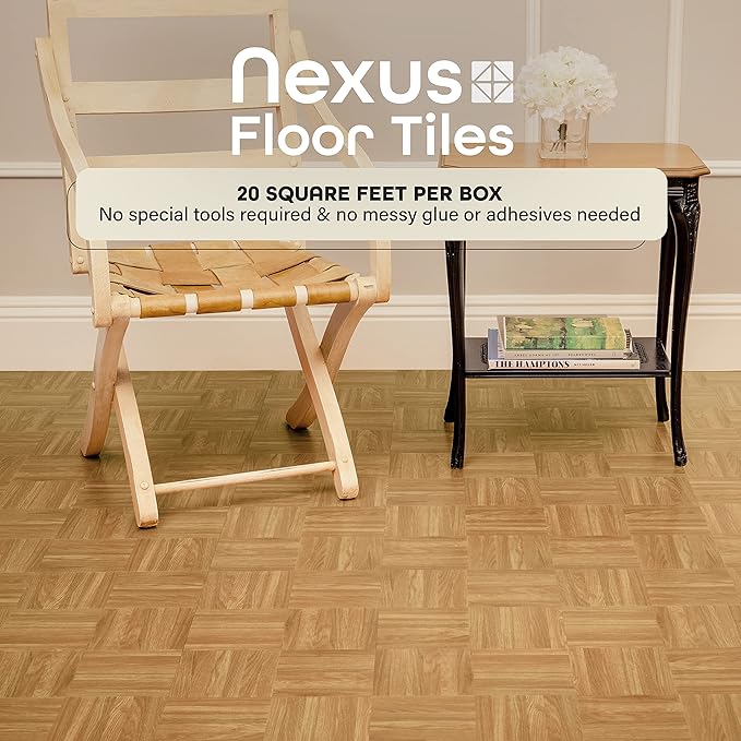 Nexus Self Adhesive 12-Inch Vinyl Floor Tiles, 20 Tiles - 12" x 12", Oak Parquet Pattern - Peel Stick, DIY Flooring for Kitchen, Dining Room, Bedrooms Bathrooms by Achim Home Decor