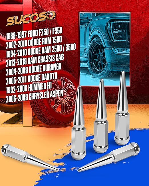 916-18 Spike Lug Nuts for 1994-2011 Dodge Ram 2500 3500, 2002-2010 Ram 1500, 1988-1997 Ford F250 F350, 2004-2009 Durango, 32PCS Spiked Lug Nuts 916-18 Chrome with Socket Key for Aftermarket Wheel