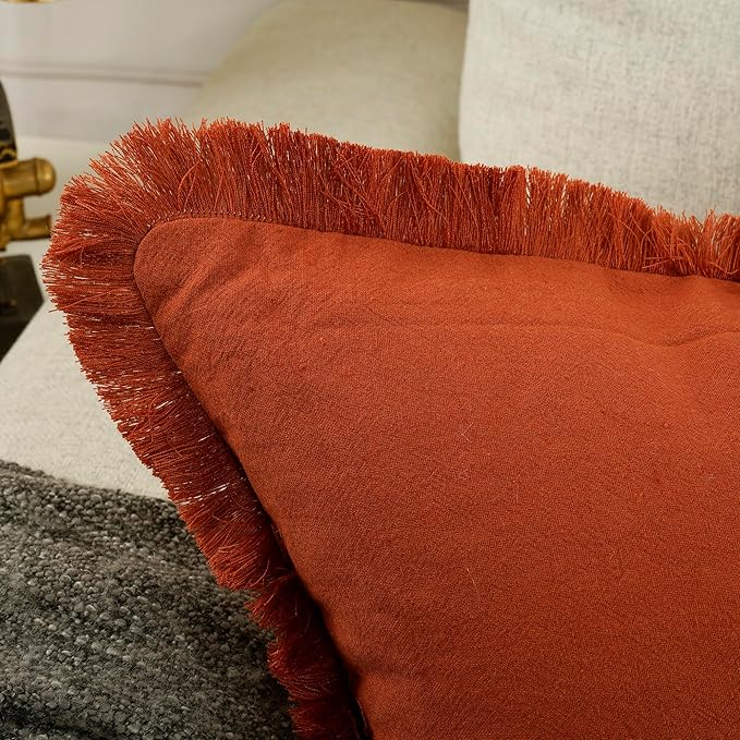 YOUR SMILE Throw Pillow Cases Pack of 2 Cotton Fringe Edges Dyed Soft Chenille Cushion Covers for Couch Sofa Home Farmhouse Decoration 12 x 20 inchOoaRust Orange