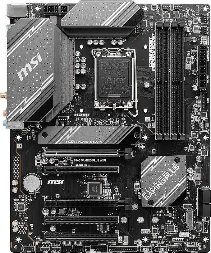 MSI B760 Gaming Plus WiFi Gaming Motherboard (Supports 12th/13th/14th Gen Intel Processors, LGA 1700, DDR5, PCIe 4.0, M.2, 2.5Gbps LAN, USB 3.2 Gen2, HDMI/DP, Wi-Fi 6E, Bluetooth 5.3, ATX)