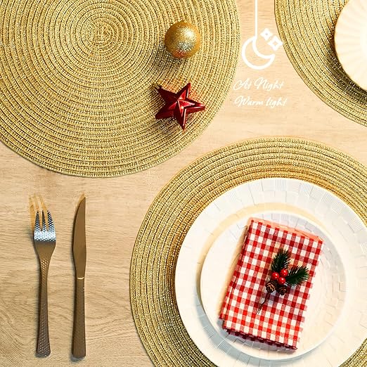AHHFSMEI Round Braided Christmas Placemats 15 Inch Round Table Mats for Dining Tables Woven Heat Resistant Place mats Set of 6 (Gold Shine)