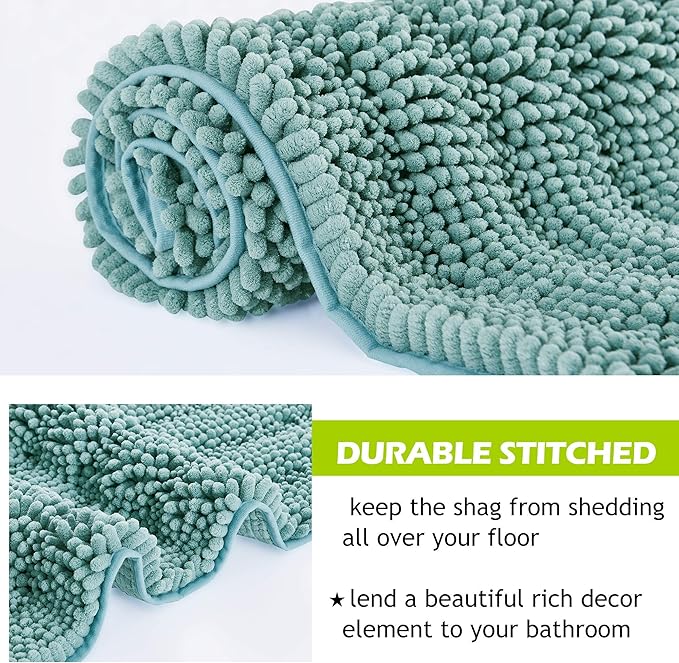 KGORGE Quick Drying Bathroom Rugs - Non-Slip Bath Mat Water Absorbent Thick Shaggy Chenile Bathtub Set for Toilet Kitchen Entryway, Aqua, 47" x 17", 1 Pc