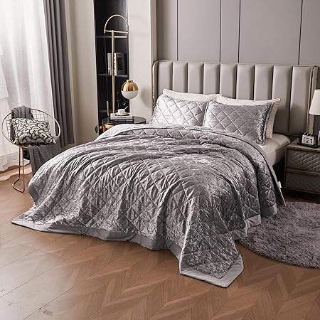 LUCKYBULL Silver Korean Velvet Quilt Set King XL Size (104x96 inch), 3 Pieces Luxury Textured Soft Bedspread with 2 Pillowcases, Reversible Coverlet Set for All Season