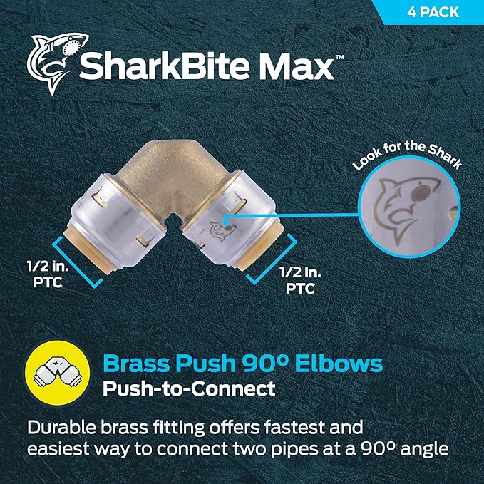 SharkBite Max 12 Inch 90 Degree Elbow, Pack of 4, Push to Connect Brass Plumbing Fitting, PEX Pipe, Copper, CPVC, PE-RT, HDPE, UR248A4