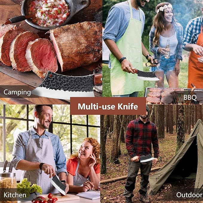 Freelander Hand Forged Knives, Meat Cleaver Knife for Meat Cutting, High Carbon Viking Knife with Sheath, Full Tang Chef Kitchen Butcher Knife for Home,Outdoor, Camping, BBQ