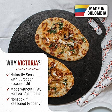 Victoria 15-Inch Cast Iron Tawa Dosa Pan, Pizza Pan with a Loop Handle, Crepe Pan Preseasoned with Flaxseed Oil, Made in Colombia