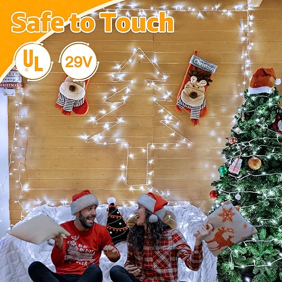 Ollny Christmas Lights 120LED 40FT, Cool White Fairy Lights Waterproof Connectable Timer, 8 Modes Plug in String Lights for Bedroom Outdoor Tree Indoor House Decorations