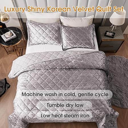 LUCKYBULL Silver Korean Velvet Quilt Set King XL Size (104x96 inch), 3 Pieces Luxury Textured Soft Bedspread with 2 Pillowcases, Reversible Coverlet Set for All Season